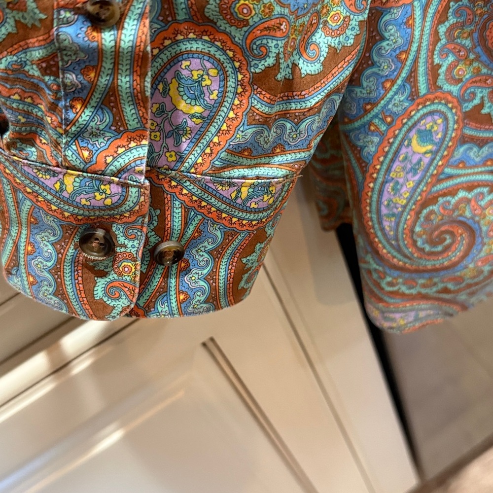 Paul Fredrick 100% Cotton Paisley Shirt in Soft Blue and Orange. LVery Good Cond - Picture 2 of 10